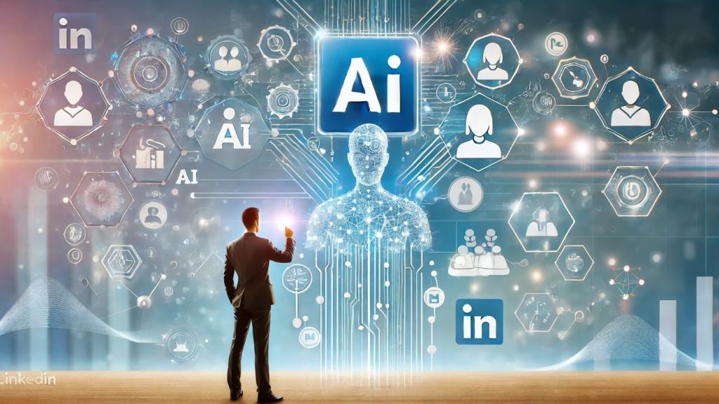 Eine männliche Person zeigt auf ein Display, auf welchem groß "AI" steht. Unterhalb der Buchstaben befindet sich eine Silhouette eines menschlichen Oberkörpers. Von da gehen viele dünne Linien ab und man sieht viele kleine Piktogramme mit AI, Personen und dem LinkedIn Logo.