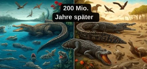 Das Bild ist in zwei Teile geteilt. Auf der linken Seite schwimmen mehrere Krokodile im Wasser. Auf der rechten Seite schwimmen Krokodile im Schlamm. In der Mitte steht "200 Mio. Jahre später".