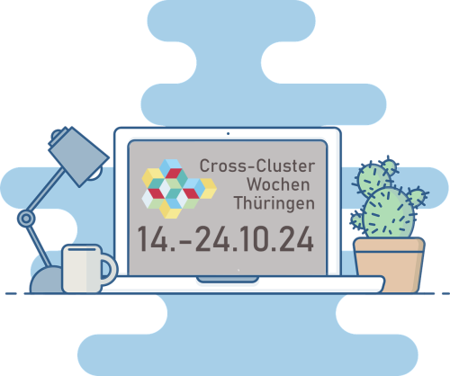 gezeichneter Schreibtisch mit Laptop, darauf ein Logo der CCIT-Wochen und das Datum 14.-24.10.24.